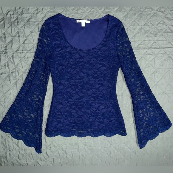 BOSTON PROPER Navy Bell-Sleeve Lace Top, Size Small, LIKE NEW - Picture 4 of 8